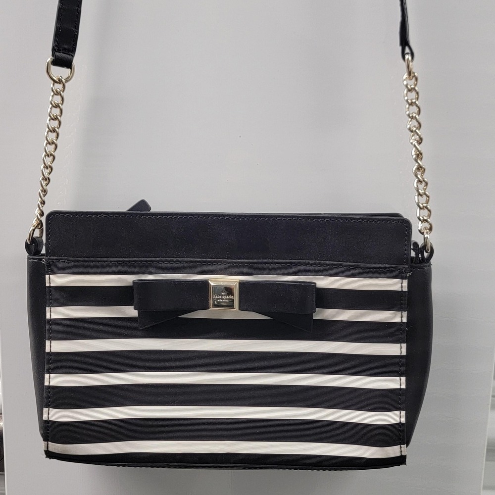 Kate Spade Crossbody Bag Womens‎ Small Angelica Black White Stripe Bow Purse
